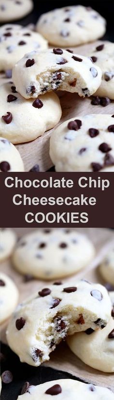 chocolate chip cheesecake cookies are stacked on top of each other