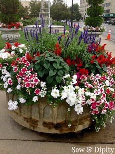 a flower pot filled with lots of flowers