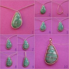 step by step instructions on how to make wire wrapped necklaces with turquoise stone cabochons