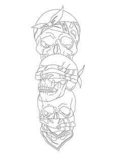 a line drawing of three skulls with helmets on their heads and one skull in the middle