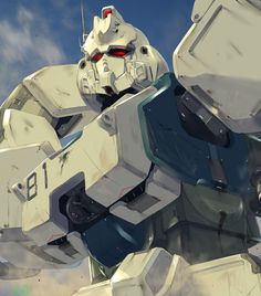 an animated image of a giant robot standing in the air with clouds behind it,