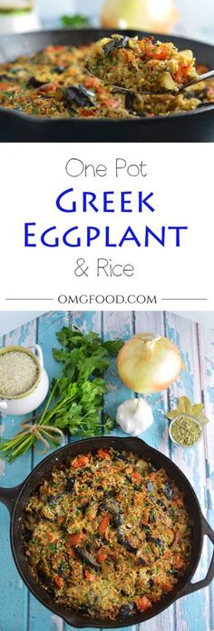 one pot greek eggplant and rice recipe in a cast iron skillet on a blue wooden table