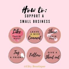 the words how to support a small business are shown in pink and gold circles on a pink background