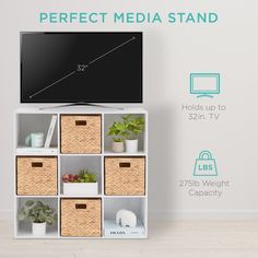 a tv stand with baskets and plants on it in front of a white wall that says perfect media stand