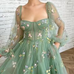 Never Worn Brand New! Tea Length Prom Dress, Flower Prom Dress, Embroidered Tulle Dress, Green Evening Dress, Sweetheart Neckline Dress, Floral Prom Dresses, Green Tulle, Long Sleeve Prom, Ankle Length Dress