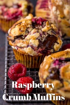 raspberry crumb muffins on a cooling rack