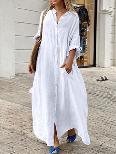 Women's White Dress Black Dress Casual Dress Maxi long Dress Button Pocket Classic Casual Daily Vacation Stand Collar Long Sleeve Fall Autumn Black White Plain 2024 - $35.99 Loose Maxi Dress Casual, Mandarin Collar Dress, Fresh Dress, Oversized Shirt Dress, Long Linen Dress, Loose Maxi Dress, Breezy Dress, Long Shirt Dress, White Shirt Dress