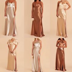 six different styles of bridesmaid gowns in various colors and sizes, including one with