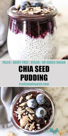 chia seed pudding in a jar with blueberries and almonds