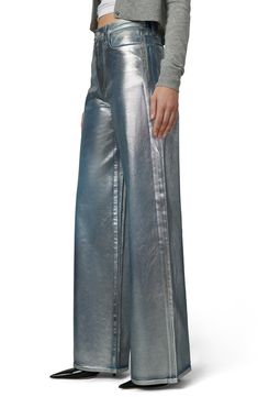 The party starts with you in these vibrant metallic jeans cut from low-stretch denim and boasting a superhigh waist and flowy wide legs. 32" inseam; 22 1/2" leg opening; 11 1/2" front rise Zip fly with button closure Five-pocket style 99% cotton, 1% elastane Machine wash, line dry Imported Coated Jeans Outfit, Metallic Denim, High Waist Wide Leg Jeans, Jeans Outfit Women, Metallic Jeans, Silver Coat, Wide Legs, Jean Outfits, Wide Leg Jeans