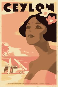 an old style poster with a woman on the beach