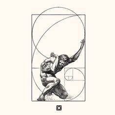 a drawing of a man kneeling down in front of a golden rectangle with his arms outstretched