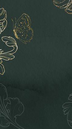 an artistic background with gold butterflies and daisies on dark green paper, suitable for text or image