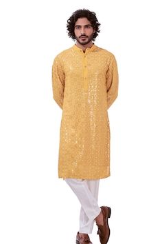 Honey yellow straight kurta with tonal chikankari embroidery highlighted with mirror like work. Comes with contrasting solid pyjama. - Aza Fashions Yellow Festive Kurta With Chikankari Embroidery, Yellow Straight Kurta With Mirror Work, Festive Yellow Kurta With Chikankari Embroidery, Kurta Set Men, Chikankari Embroidery, Men Kurta, Kurta Set For Men, Honey Yellow, Yellow Silk