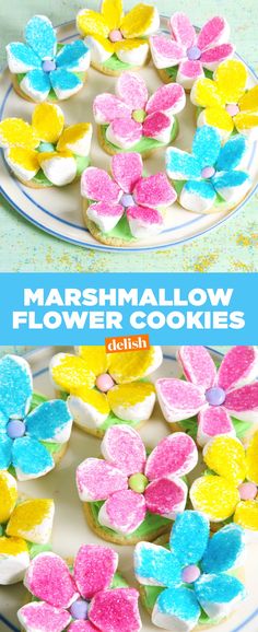 marshmallow flower cookies on a plate with the words marshmallow flowers above them