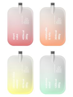 four different colored tags with white text on them