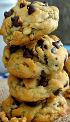 chocolate chip cookies stacked on top of each other