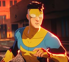 an animated man in a yellow and blue outfit with his hands on his chest, walking down the street