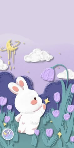 an illustration of a rabbit in the middle of flowers and clouds with stars above it