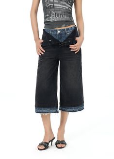 Versatile Double Waist Denim Capris - Embrace style and comfort with our unisex, 100% denim cotton capris. Designed with a unique double waist structure, contrast hems, ripped detailing, and IN TERRIS embroidery and leather patch. Perfect for any occasion. Available in Small, Medium, and Large sizes. Check our detailed size chart for precise measurements: SIZE (CM) LENGTH WAIST BUTT SMALL 80 74 92 MEDIUM 82 82 100 LARGE 83 86 104 Dark Wash Cotton Cropped Cutoff Jeans, Dark Wash Cotton Cutoff Cropped Jeans, Medium Wash Cotton Cropped Leg Capris, Dark Wash Recycled Denim Cropped Jeans, Dark Wash Denim Cropped Capris, Trendy Denim Cropped Capri Jeans, Trendy Cropped Denim Jeans Capri Length, Cotton Cropped Jeans In Dark Wash, Trendy Cropped Capri Length Denim Jeans