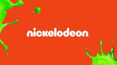 the logo for nickeleoden on an orange background with green paint splashing around it