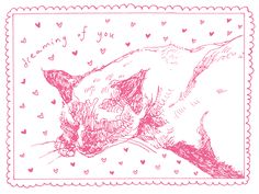 a drawing of a cat with hearts in the background