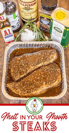 meat in a pan with spices and seasonings on the side, next to it is an advertisement for steak steaks