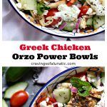 two pictures of greek chicken orzo power bowls with tomatoes, cucumbers and feta cheese