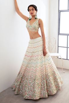 Chamee And Palak-Ivory Noorja Lehenga Set-INDIASPOPUP.COM Chevron Mirror, Raw Silk Lehenga, Ivory Skirt, Indian Outfits Lehenga, Ghagra Choli, Dupion Silk, Party Wear Indian Dresses, Silk Lehenga, Lehenga Designs