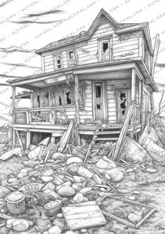 a drawing of an old house in the middle of rocks and debris with water coming from it