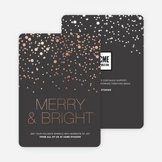 the merry and bright holiday party card is shown in black with gold confetti