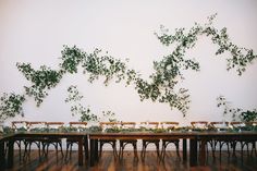 a long table with chairs and plants on it