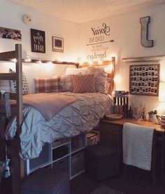 a bedroom with a bed and some lights