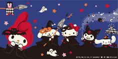 cartoon characters dressed up as witches and cats in the night sky with bats, pumpkins and stars