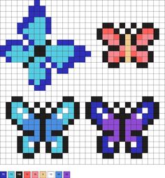 cross stitch pattern with three different colors of butterflies on it, one is blue and the other is pink