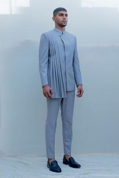 Shop for Bohame Grey Suiting Pleated Bandhgala Set for Men Online at Aza Fashions Blue Dart, Pleated Jacket, Shirt And Pants, Straight Pants, Wool Jacket, Festival Wear, Aza Fashion, Custom Fit, Gray Color