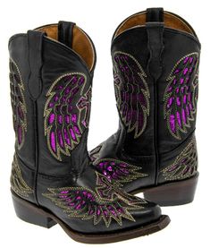 bootfactory our ebay store mens womens kids clearance kid's wings & cross western cowgirl boots snip toe Our price: $59.99 Retail price: $99.98 Quality: Handmade All Genuine Leather Boots Brand: Veretta Material: 100% Genuine Leather Description: These boots feature genuine leather shafts & uppers (vamps), welt stitched full leather soles that are reinforced with wood pegs and solid brass nails for durability. Stacked leather heels, full leather linings, and our Cushion Comfort Sole System (CCSS Leather Cowgirl Boots, Skechers Kids, Kids Belt, Genuine Leather Boots, Wings Design, Mini Melissa, Football Shoes, Girls Shoes Kids, Kids Black