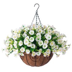 a hanging basket filled with white flowers