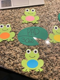 frog themed cutouts with the words pad 350 on them, sitting next to a laptop