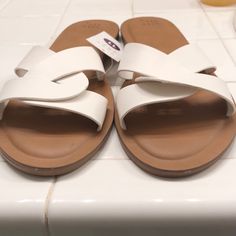 White And Tan Sandals - A New Day Size 11 - New With Tags - White/Trina White Cushioned Sandals For Day Out, White Flat Sandals For A Day Out, White Round Toe Sandals For Brunch, White Synthetic Sandals For Brunch, Tan Sandals, Shoes White, A New Day, Women's Shoes Sandals, New Day