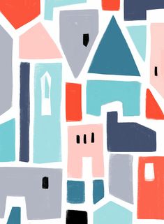 an abstract painting with houses and buildings in blue, pink, orange, and grey