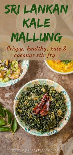 the cover of srin kale malling, crispy, healthy, kale and coconut stir fry