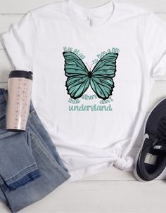 Unisex Poly Cotton Tee Stretch Graphic Tee With Sublimation Print, Casual Stretch Shirt With Text Print, Casual Stretch Pre-shrunk T-shirt, Cute Short Sleeve T-shirt With Butterfly Print, Cute Butterfly Print T-shirt For Spring, Cute Butterfly Print Crew Neck T-shirt, Cute Spring Butterfly Print T-shirt, Butterfly T Shirt, Multicolor Cotton T-shirt With Butterfly Print