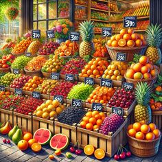 a large display of fruits and vegetables in front of a window