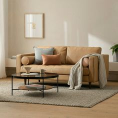 a living room with a couch, coffee table and potted plant in the corner