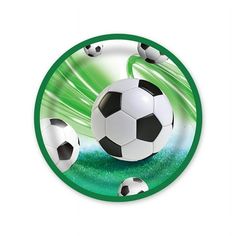 a soccer ball is in the middle of a green circle with black and white balls