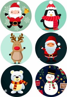 four different christmas stickers with santa claus, snowman and penguin in the middle