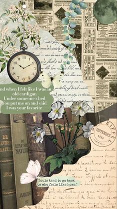 a collage of papers with flowers, books and a clock on top of them