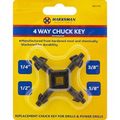 the 4 way chuck key is packaged in a package with an adhesiver on it