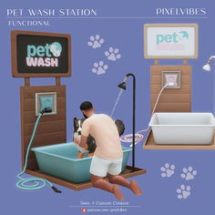 a man washing his dog in a pet wash station